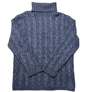 Eddie Bauer Blue Cable Knit Turtleneck Sweater Merino Wool Blend Womens Medium